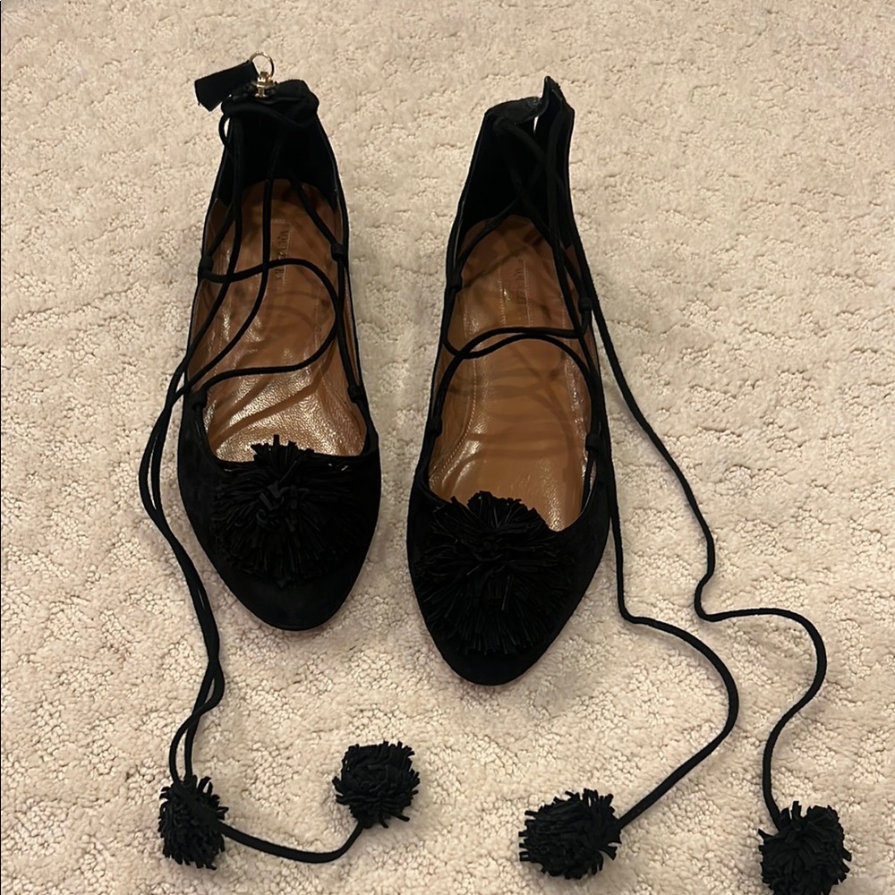 Black Suede Flats with Ankle Ties and Pom-Poms size 39